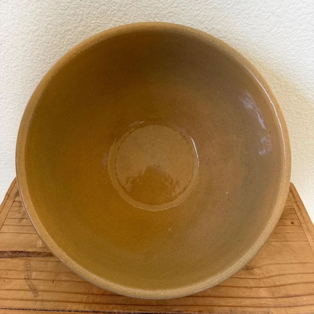 Antique Yellow Pottery Bread‎ Bowl Crackle Glaze Stoneware Handmade